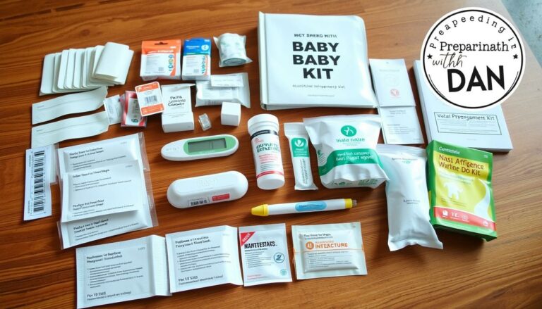 Baby emergency kit contents laid out on a table: wipes, diapers, medication, thermometer and pouches