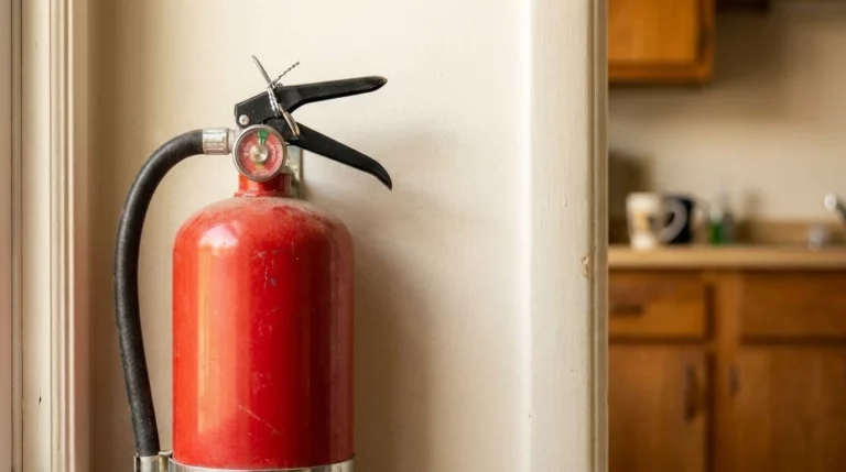 Red ABC fire extinguisher mounted beside a kitchen doorway, pressure gauge in the green and the safety pin still sealed