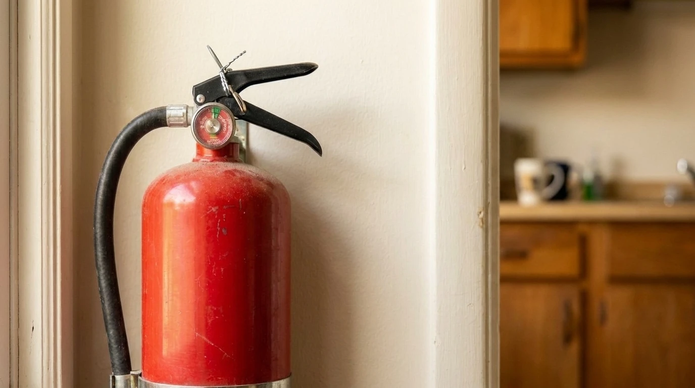 Red ABC fire extinguisher mounted beside a kitchen doorway, pressure gauge in the green and the safety pin still sealed