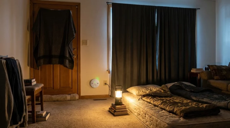 One room set up for a winter power outage: blanket hung over the door, rolled towel at its base, curtains drawn, mattress and sleeping bag on the floor, battery lantern and a carbon monoxide alarm on the wall