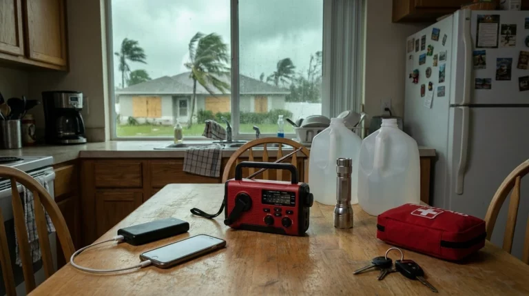 Kitchen table before a hurricane: hand-crank NOAA weather radio, flashlight, phone charging from a power bank, water jugs and a first aid kit, with boarded windows and palms bending in the wind outside