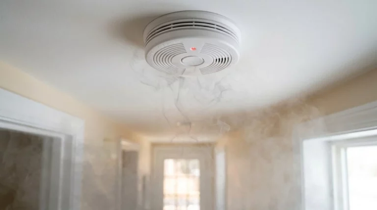 Ceiling-mounted combination smoke and carbon monoxide alarm in a home hallway, thin smoke drifting up towards it
