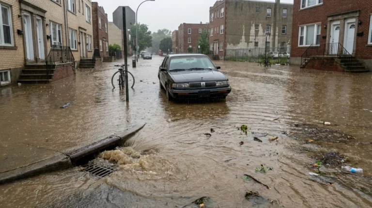 Flooded residential city street, brown water up to the doors of a parked car and a storm drain overflowing in the foreground